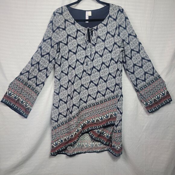 Francesca’s Women’s Alya Bell Sleeve Mixed Print Dress Tie Neck Cutout Hem L - Picture 1 of 10